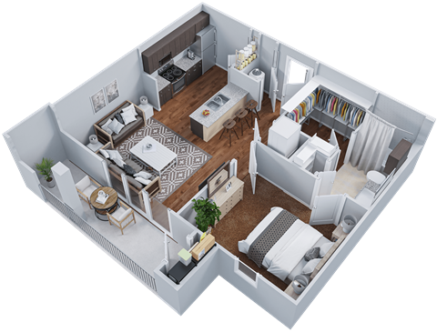 a 3d floor plan of a bedroom and living room